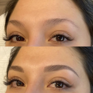 Microblading eyebrows creating natural hair stroke effect